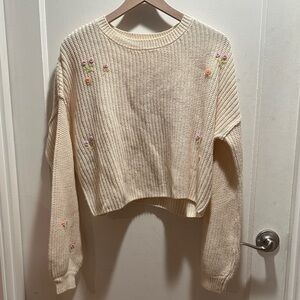 Cream Knit Sweater with Embroidered Floral Accents